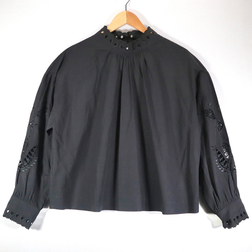 Magali Pascal Blouse Womens L Black Eyelet Embroidered Balloon Sleeve Mock Neck